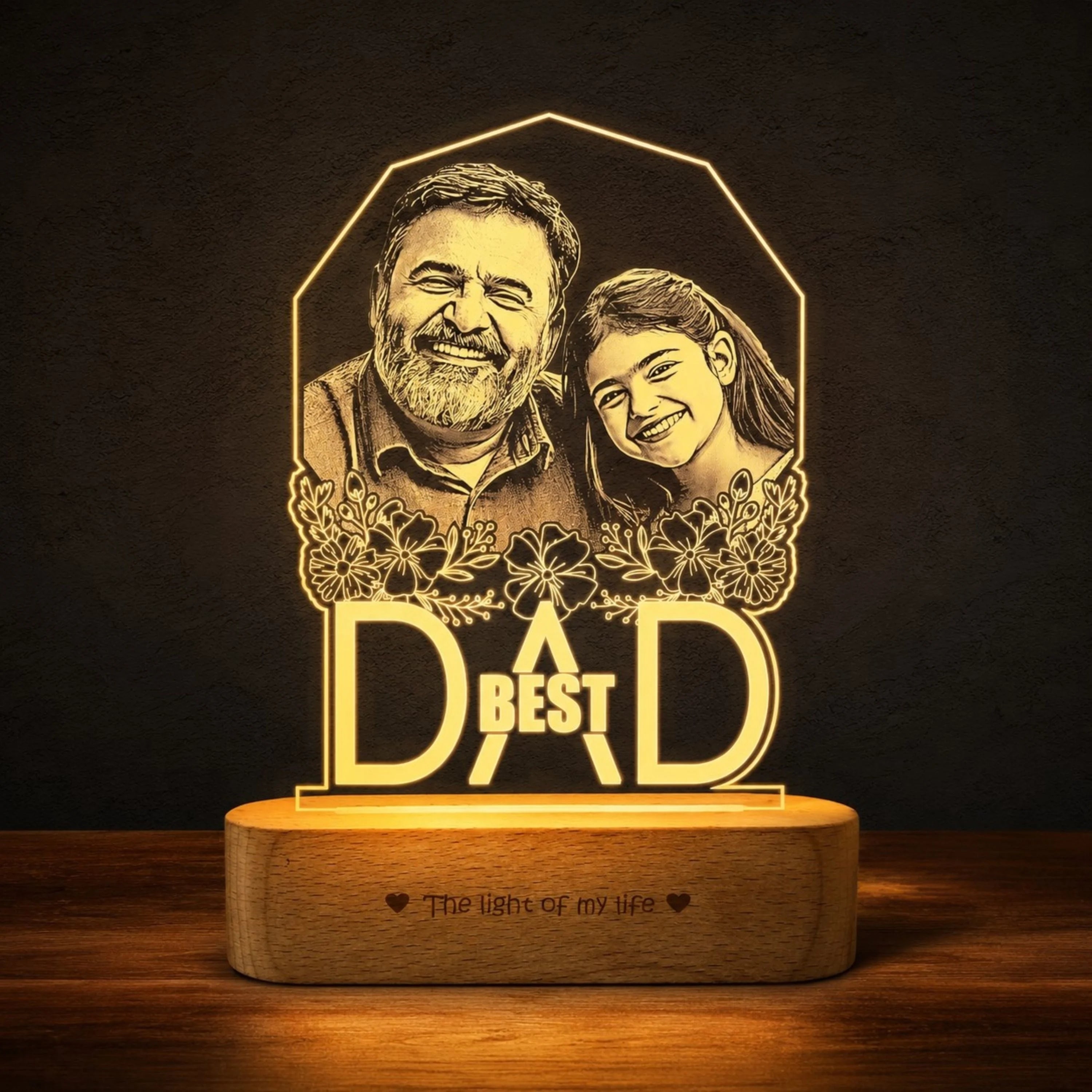 Best Father’s Day Gift – Custom Engraved Acrylic Lamp with Photo & "Best Dad" Quote | Warm Wooden Base