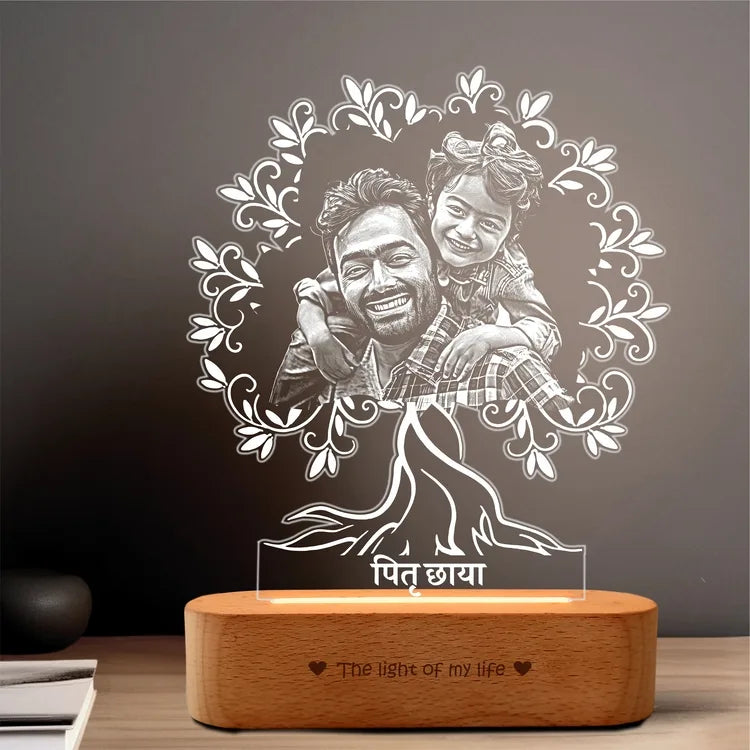 Pitruchaya Tree Lamp – A Sentimental Gift for Dad | Personalized Dad & Kid Photo Engraved Acrylic & Wood Lamp