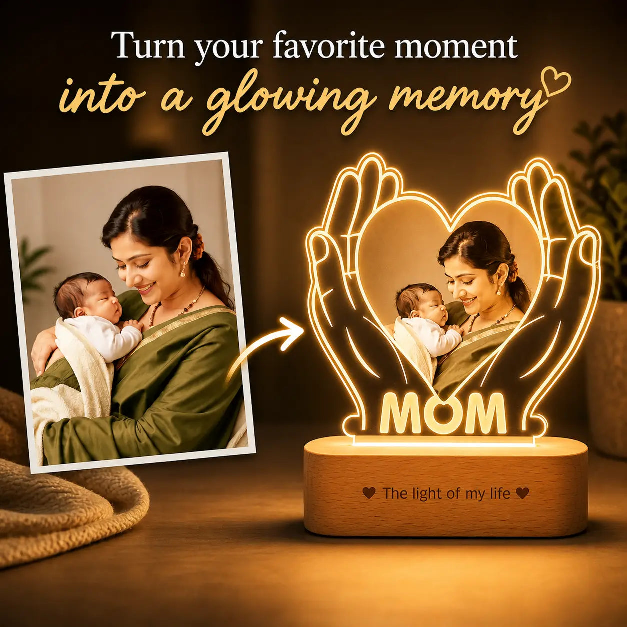 Personalized Gift for Working Mom – Custom Photo Engraved LED Lamp with Heart & Hands Design
