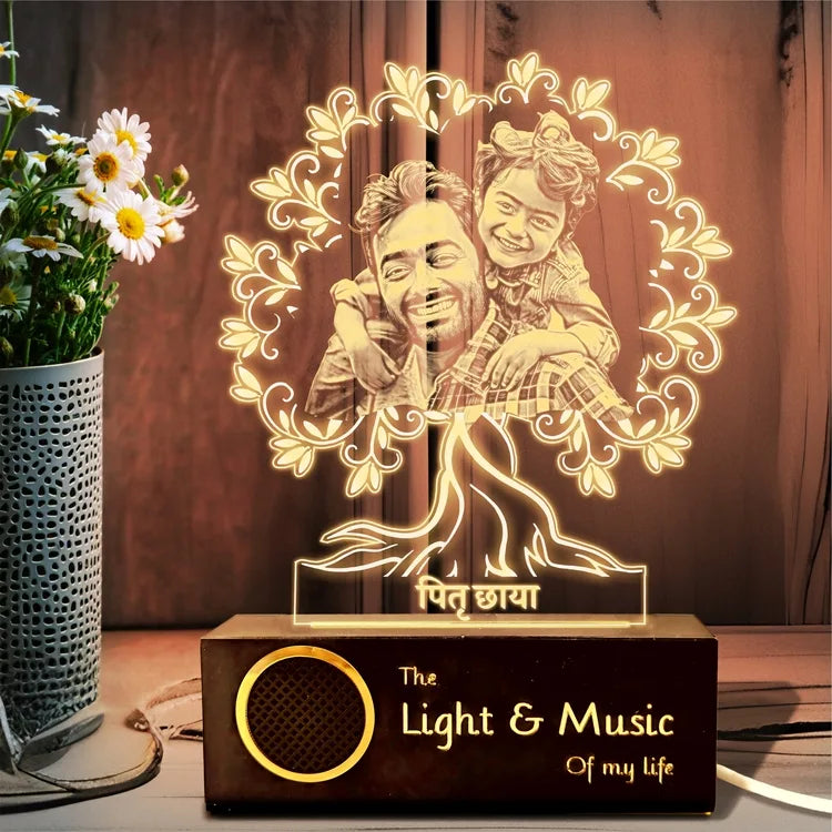 Pitruchaya Tree Lamp – A Sentimental Gift for Dad | Personalized Dad & Kid Photo Engraved Acrylic & Wood Lamp