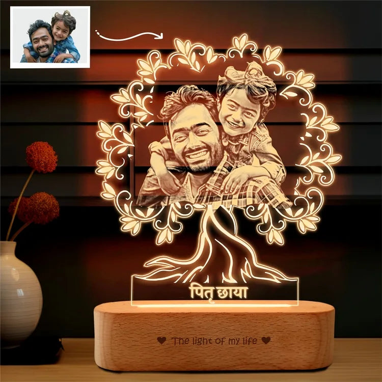 Pitruchaya Tree Lamp – A Sentimental Gift for Dad | Personalized Dad & Kid Photo Engraved Acrylic & Wood Lamp