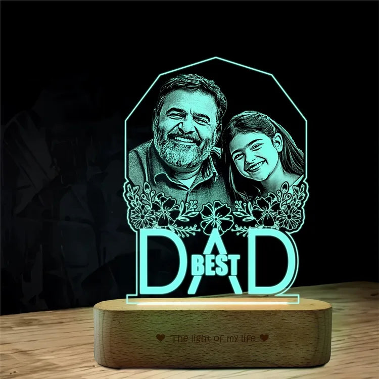 Best Father’s Day Gift – Custom Engraved Acrylic Lamp with Photo & "Best Dad" Quote | Warm Wooden Base