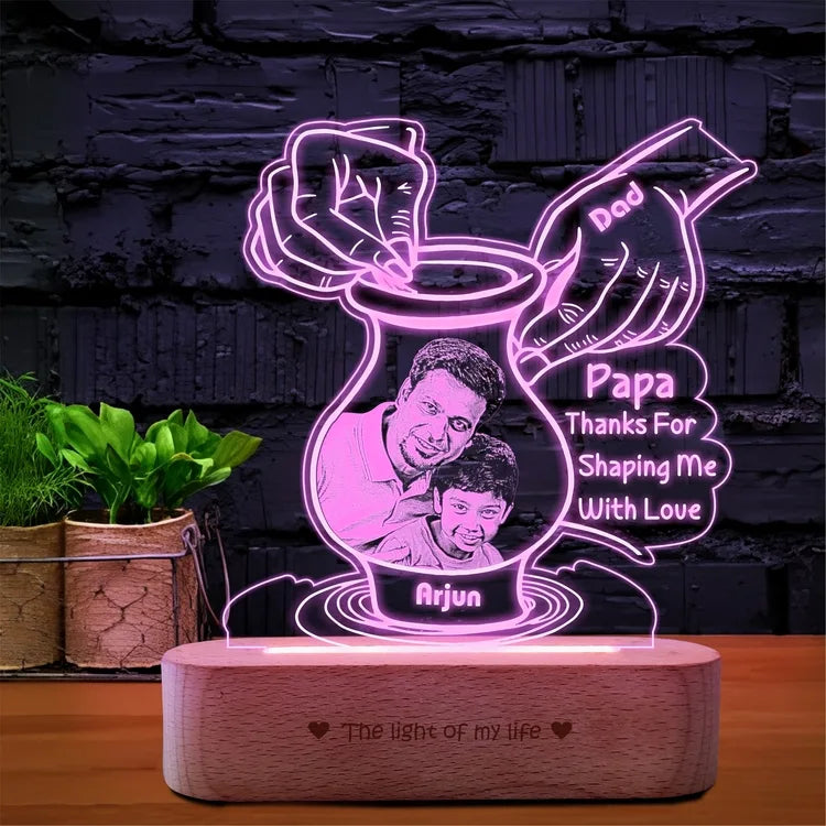 Creative Father’s Day Gift – Personalized Pottery-Themed Lamp with Dad & Kid Photo | Custom Name LED Light with Wooden Base