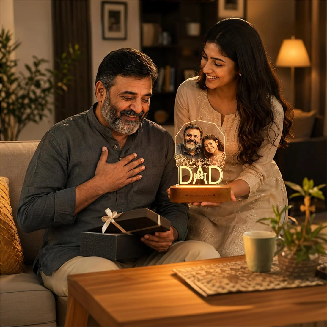 Best Father’s Day Gift – Custom Engraved Acrylic Lamp with Photo & "Best Dad" Quote | Warm Wooden Base