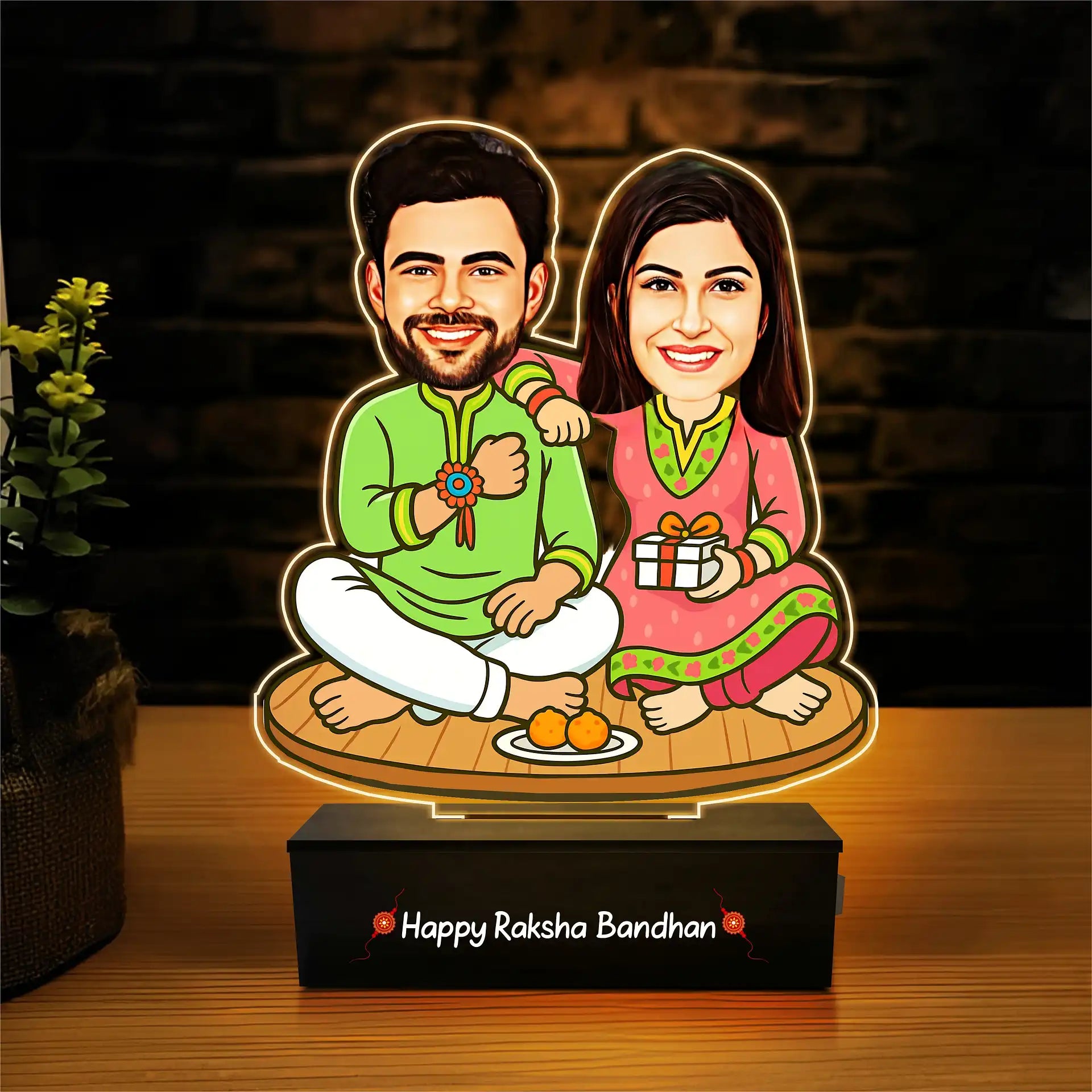 Rakhi Rituals – Personalized Brother-Sister Caricature | Custom Photo Rakhi Gift Standee (7x4") – MDF & Acrylic
