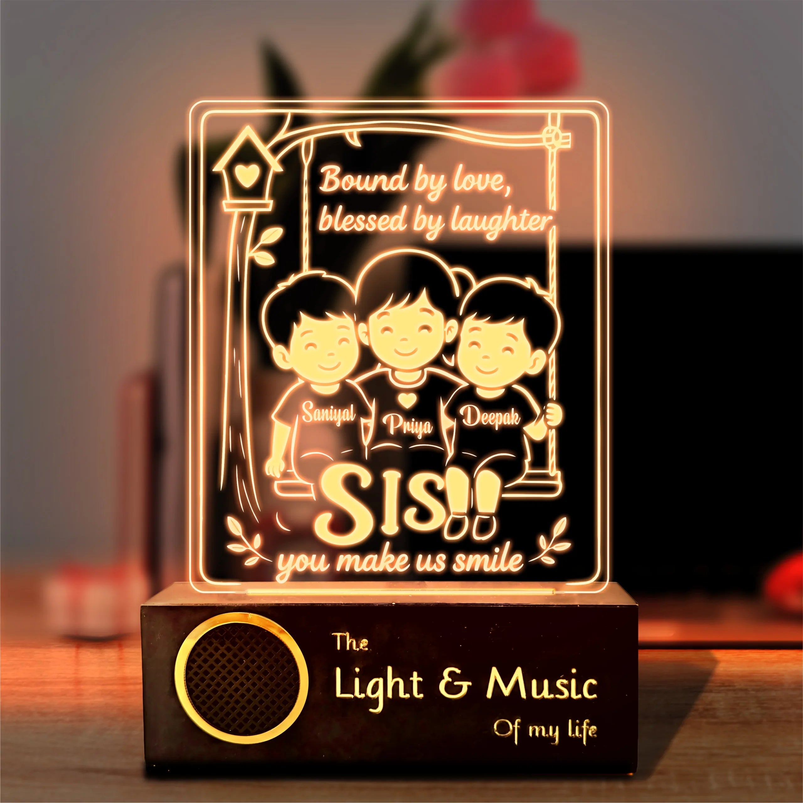 Our Sister – Personalized Rakhi Gift Lamp from Two Brothers | Custom Acrylic LED Lamp with Names | Wooden Base | 8x6x2 inch