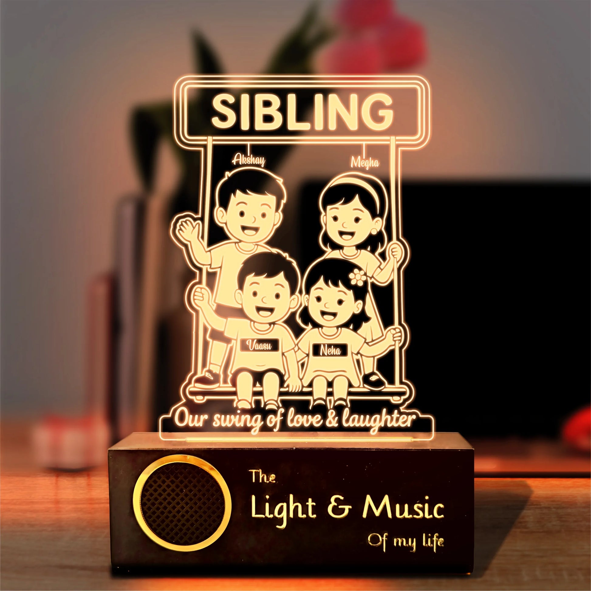 Our Swing of Love – Personalized Sibling Swing Lamp | Custom Acrylic LED Gift for 4 Siblings | Wooden Base | 8x6x2 inch