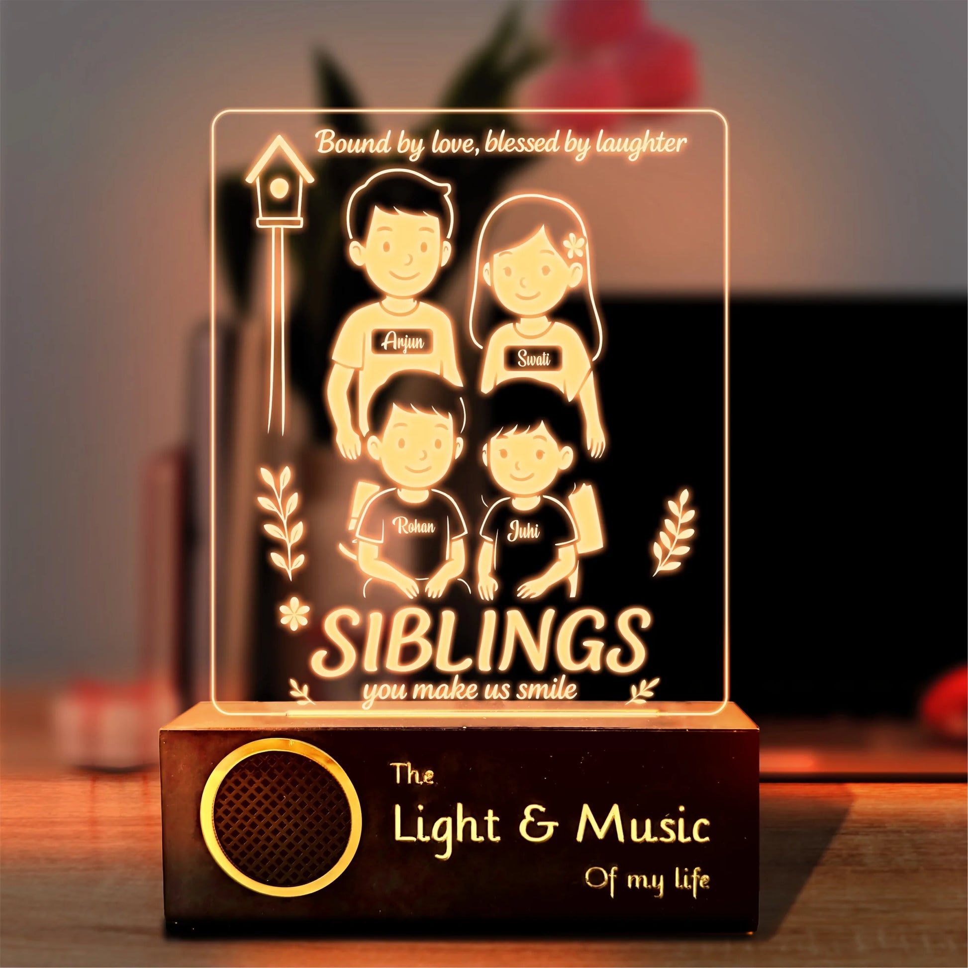 The Fantastic Four – Personalized LED Lamp for 4 Siblings | Custom Acrylic Rakhi Gift with Names | Wooden Base | 8x6x2 inch