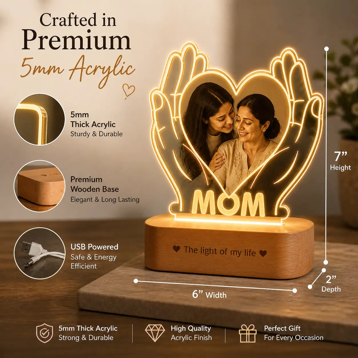 Personalized Gift for Working Mom – Custom Photo Engraved LED Lamp with Heart & Hands Design
