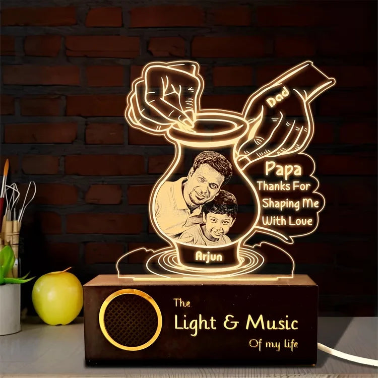 Creative Father’s Day Gift – Personalized Pottery-Themed Lamp with Dad & Kid Photo | Custom Name LED Light with Wooden Base