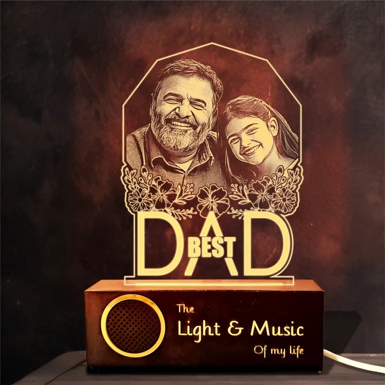 Best Father’s Day Gift – Custom Engraved Acrylic Lamp with Photo & "Best Dad" Quote | Warm Wooden Base