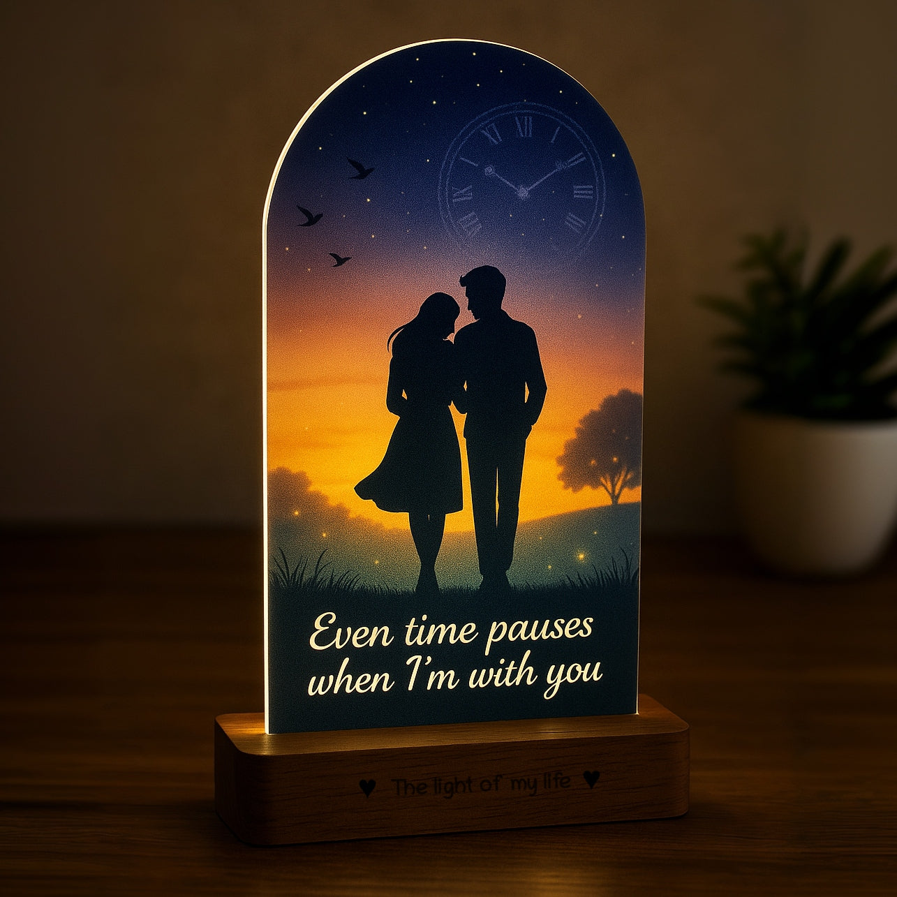 When Time Stops Lamp – Romantic Gift for Girlfriend | “Even Time Pauses When I’m With You” Acrylic Night Light