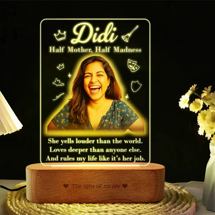 Half Mother, Half Madness - Fun Big Sister Gift | Personalized LED Photo Frame with Name & Picture