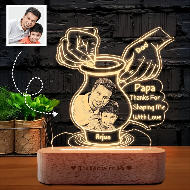 Creative Father’s Day Gift – Personalized Pottery-Themed Lamp with Dad & Kid Photo | Custom Name LED Light with Wooden Base