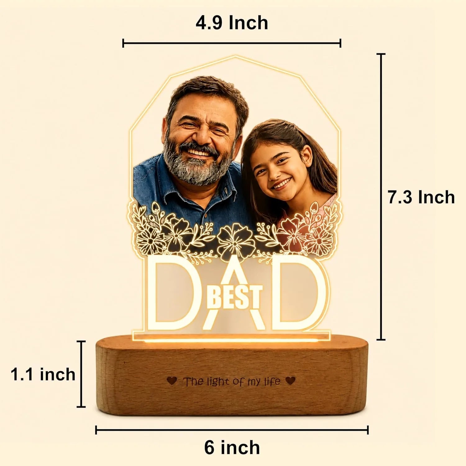 Best Father’s Day Gift – Custom Engraved Acrylic Lamp with Photo & "Best Dad" Quote | Warm Wooden Base
