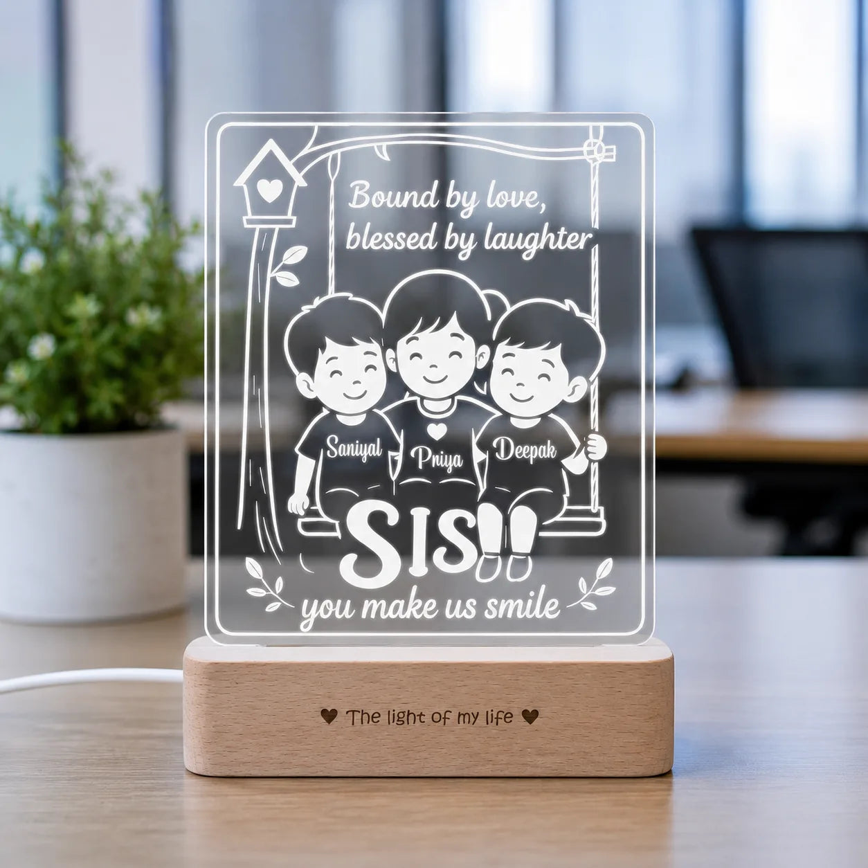 Our Sister – Personalized Rakhi Gift Lamp from Two Brothers | Custom Acrylic LED Lamp with Names | Wooden Base | 8x6x2 inch