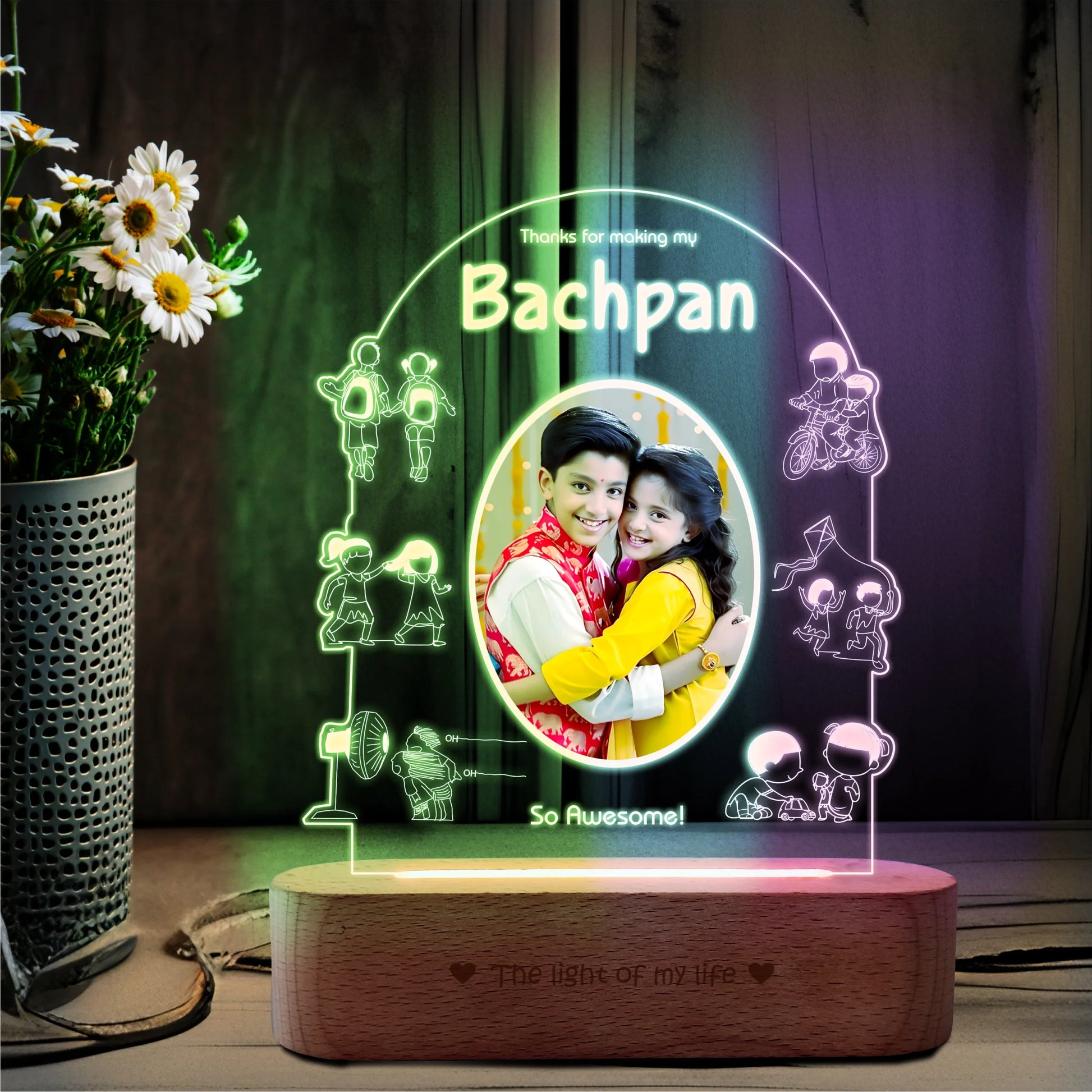 Bachpan Glow – Rakhi Gift with Childhood Photo India | Personalized Acrylic Lamp with Wooden Base (9x6")