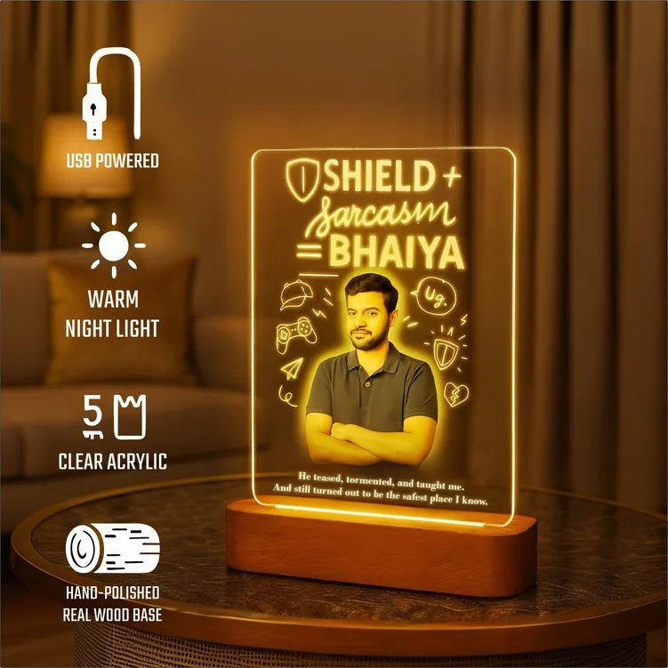 Shield + Sarcasm = Bhaiya - Personalized Rakhi Gift for Elder Brother | Custom LED Acrylic Photo Lamp with Name & Photo