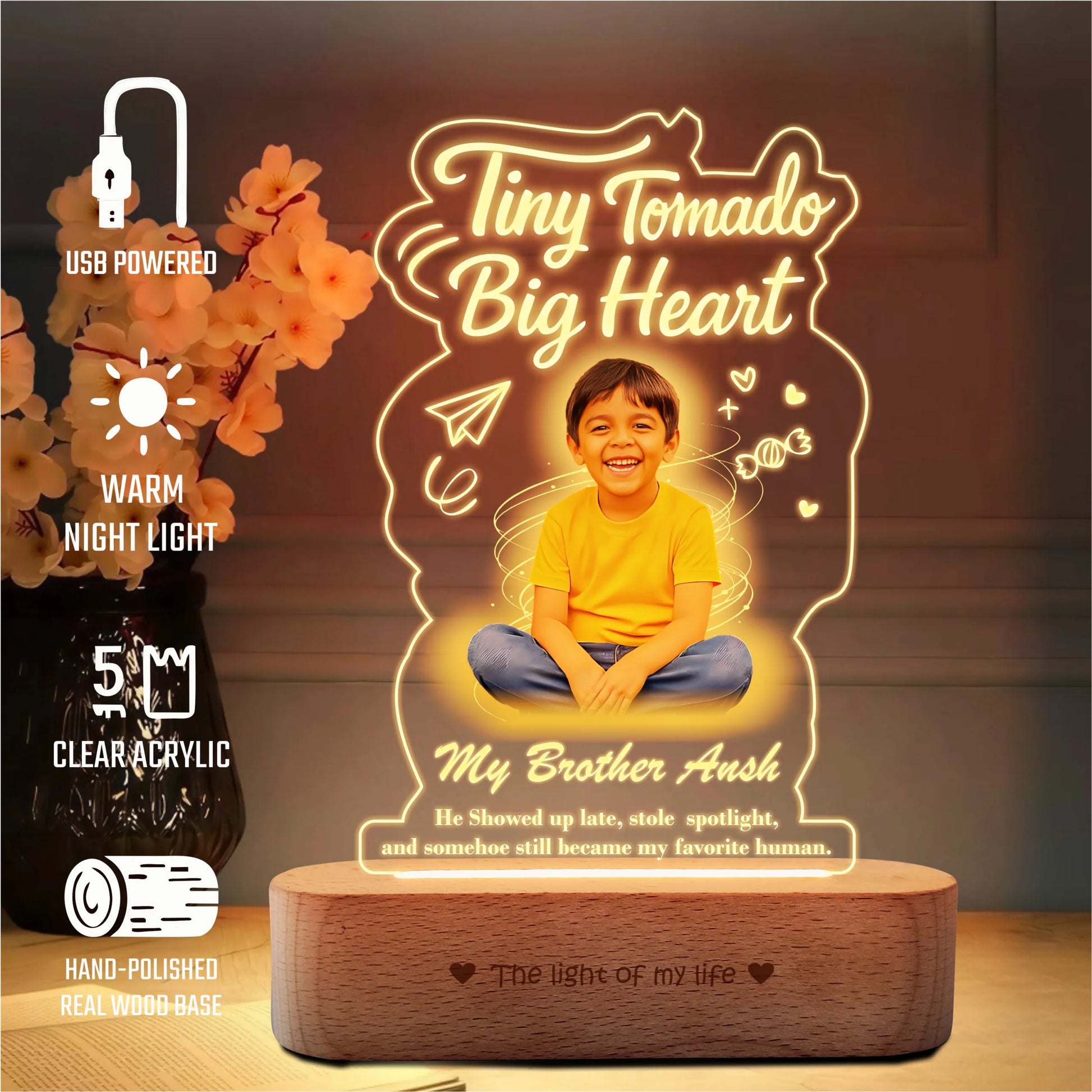 Tiny Tornado Lamp – Personalized Rakhi Gift for Young Brother | Custom LED Photo Frame