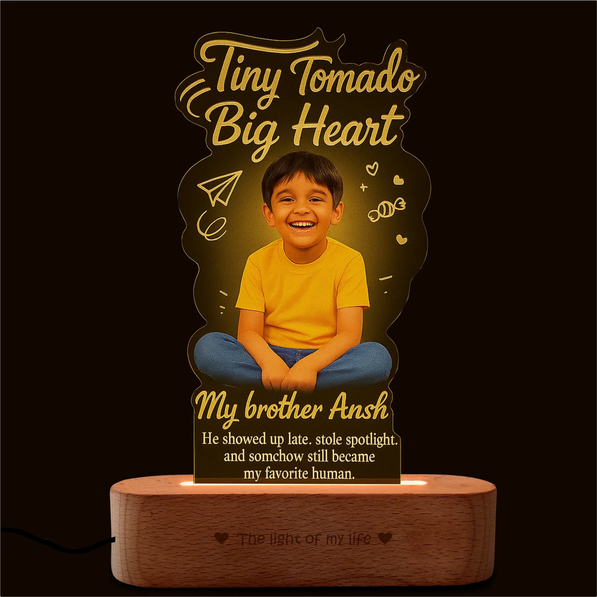 Tiny Tornado Lamp – Personalized Rakhi Gift for Young Brother | Custom LED Photo Frame