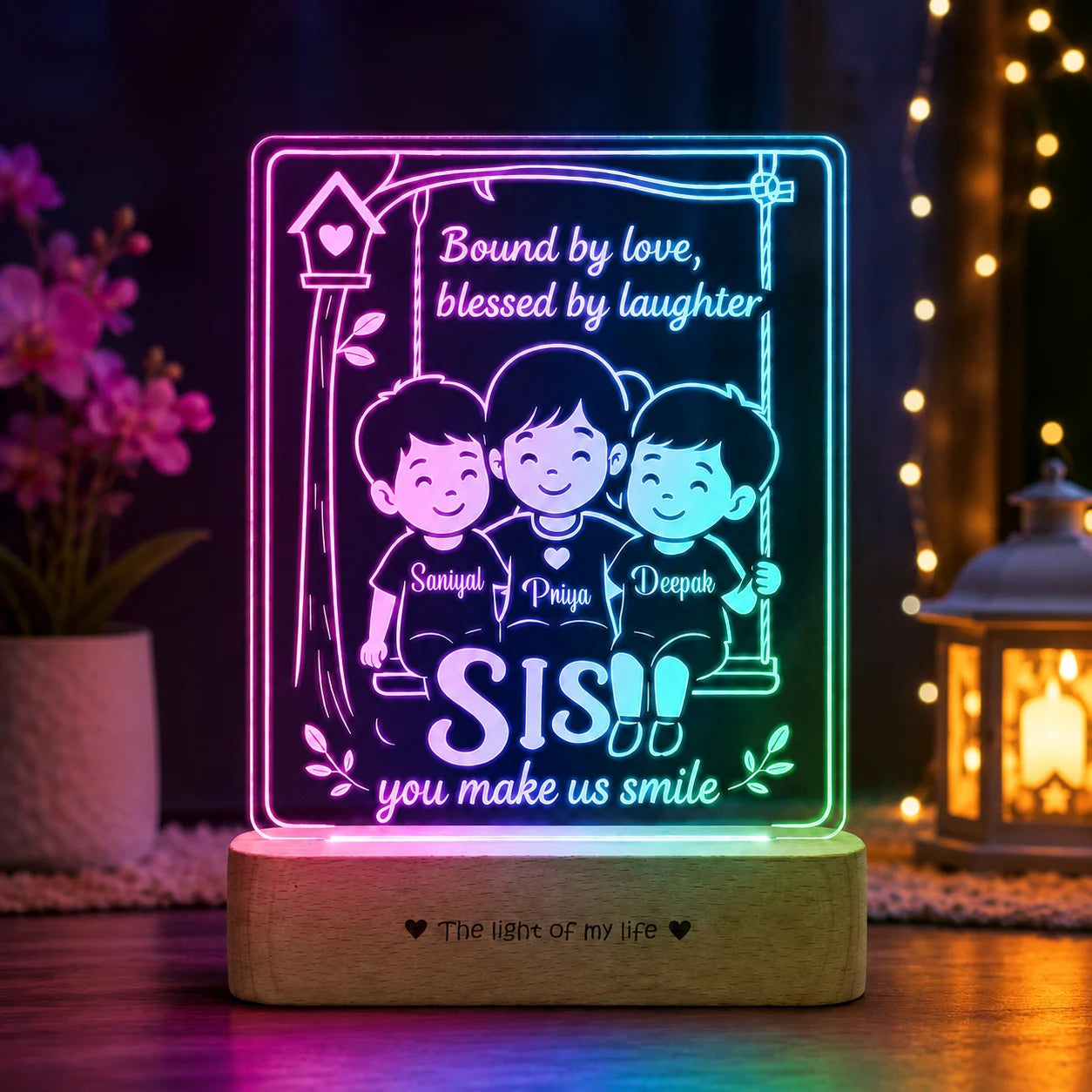 Our Sister – Personalized Rakhi Gift Lamp from Two Brothers | Custom Acrylic LED Lamp with Names | Wooden Base | 8x6x2 inch