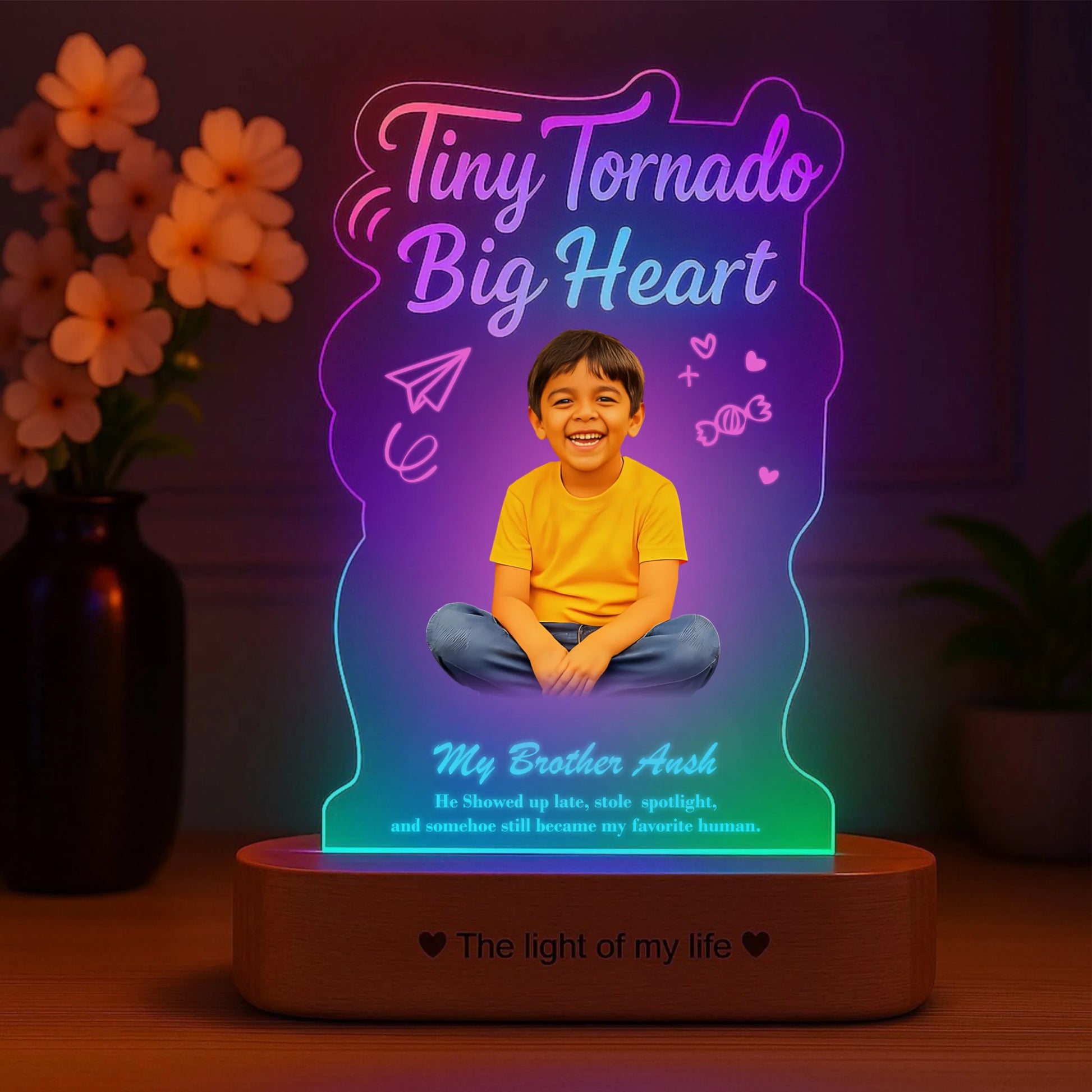 Tiny Tornado Lamp – Personalized Rakhi Gift for Young Brother | Custom LED Photo Frame