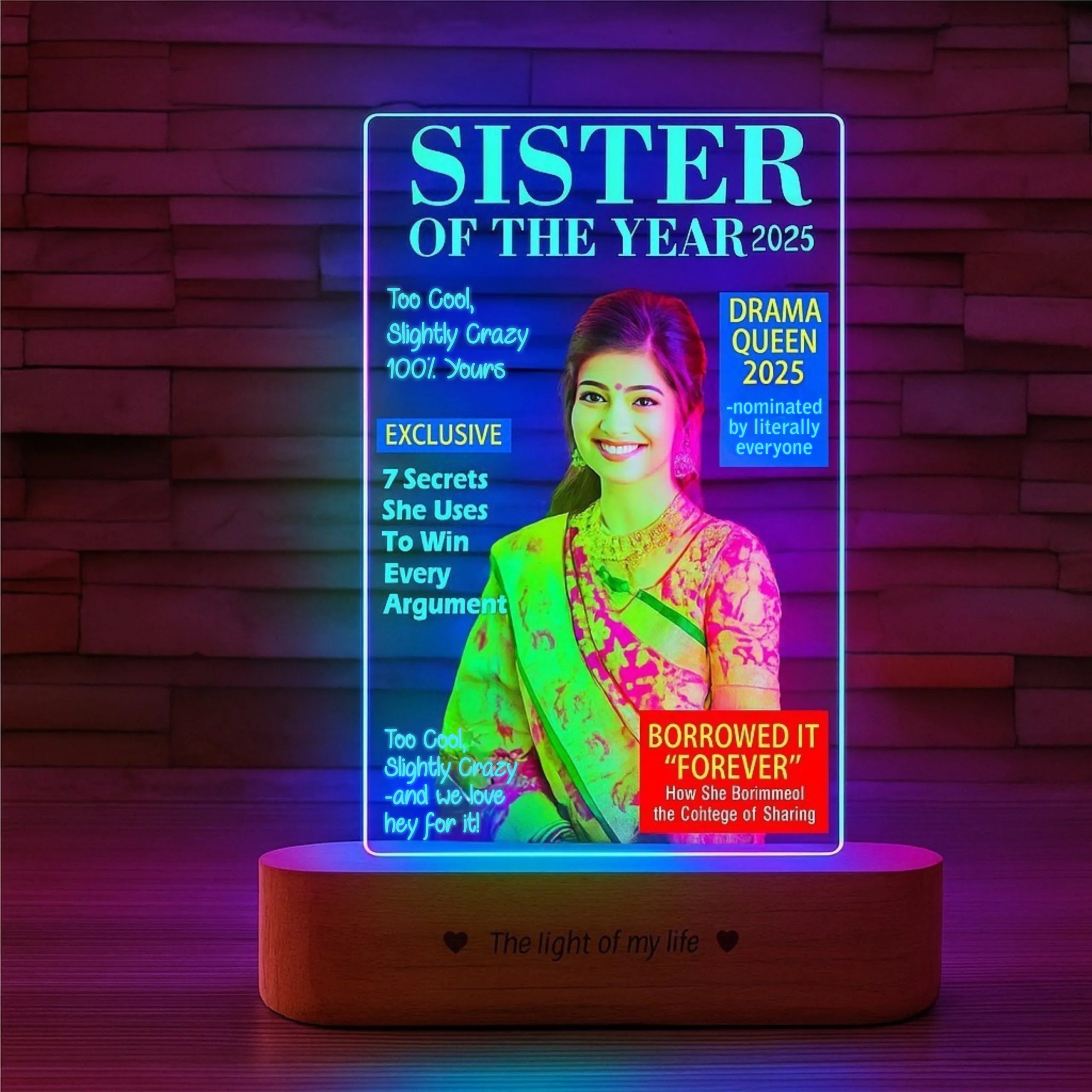 Sister of the Year 2025 – Funny LED Sister Photo Frame | Personalized Gift