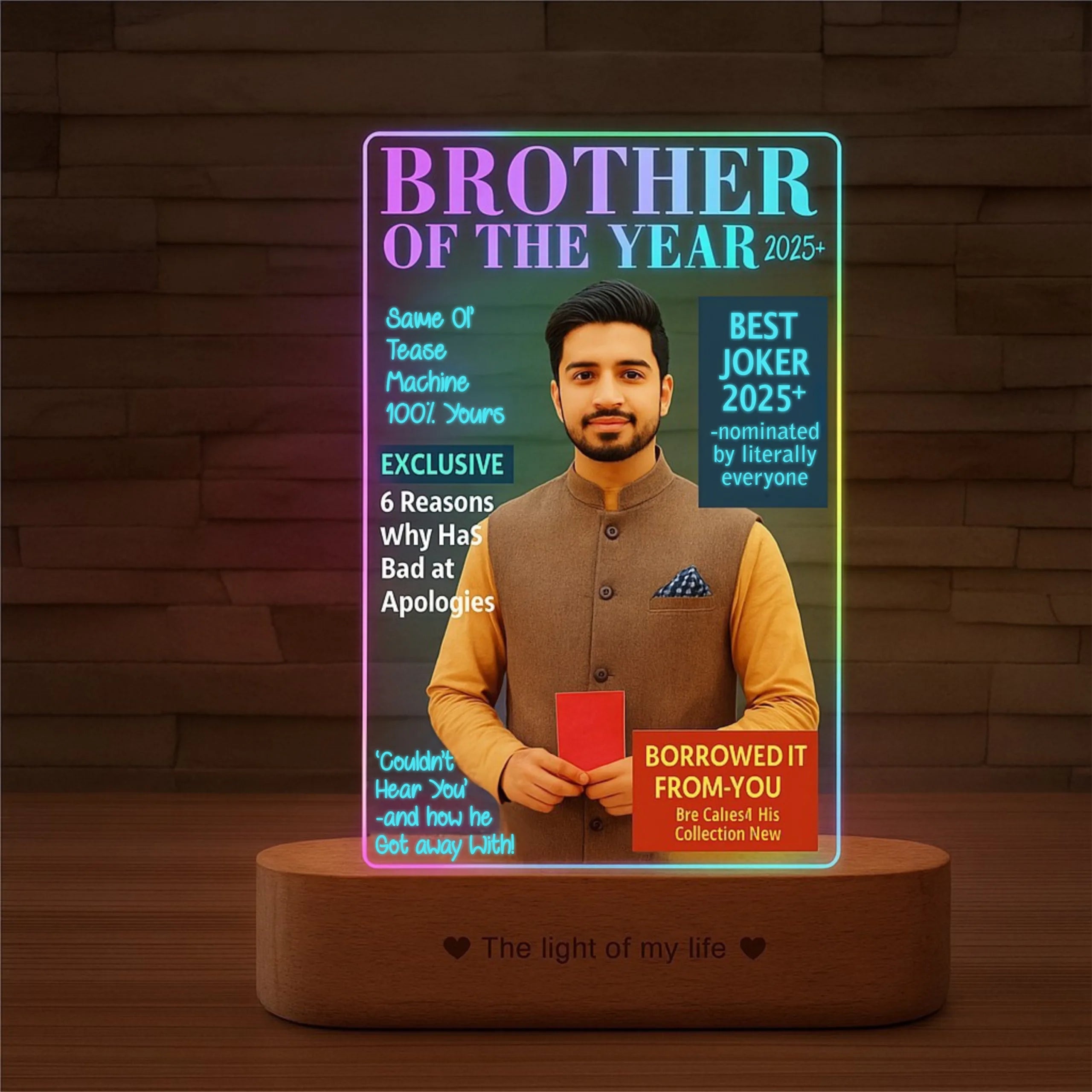 Brother of the Year 2025 – Funny LED Brother Photo Frame | Personalized Gift