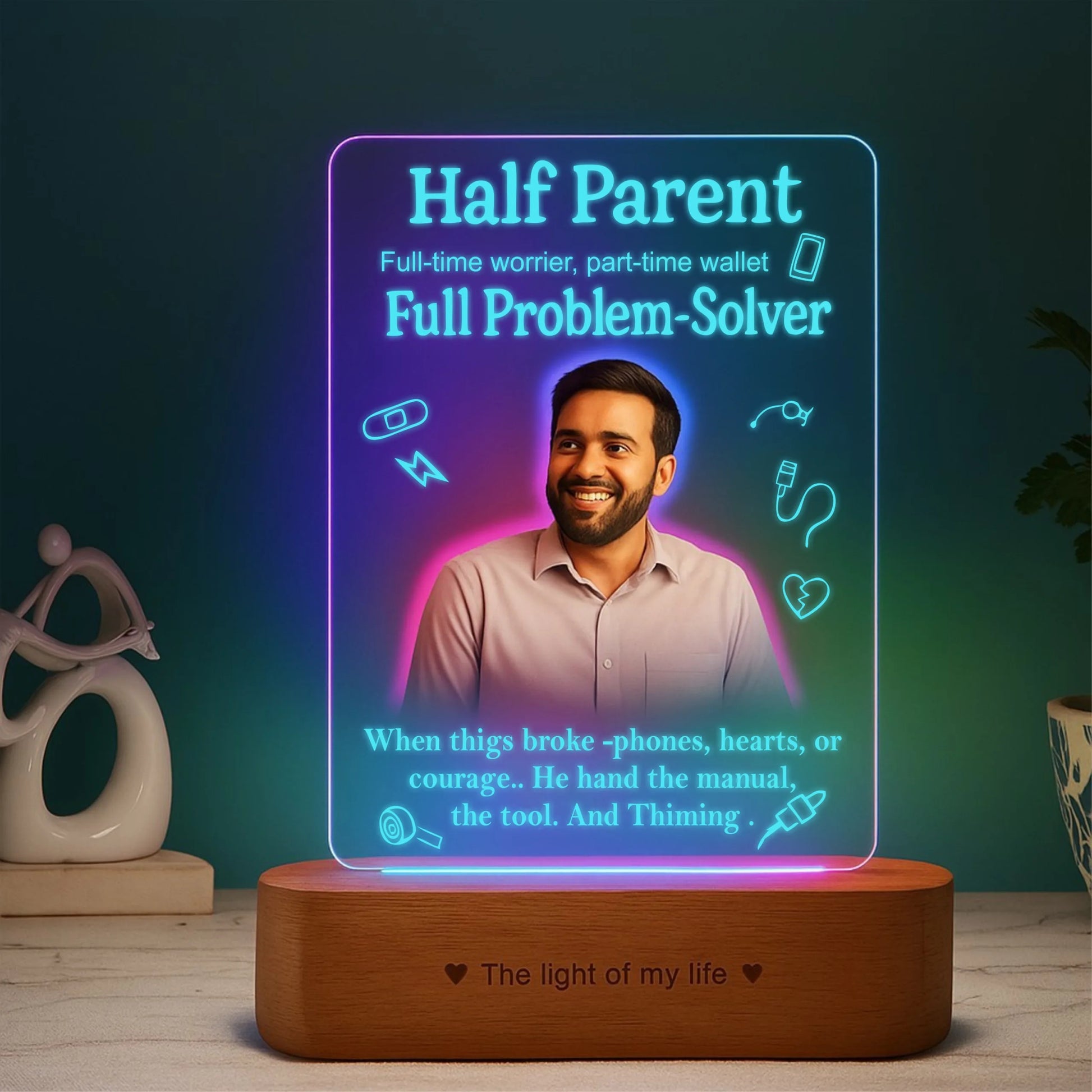 Half Parent, Full Problem-Solver - Personalized Raksha Bandhan Gift for Brother | Custom LED Acrylic Lamp for Bhaiya, Anna, Veer