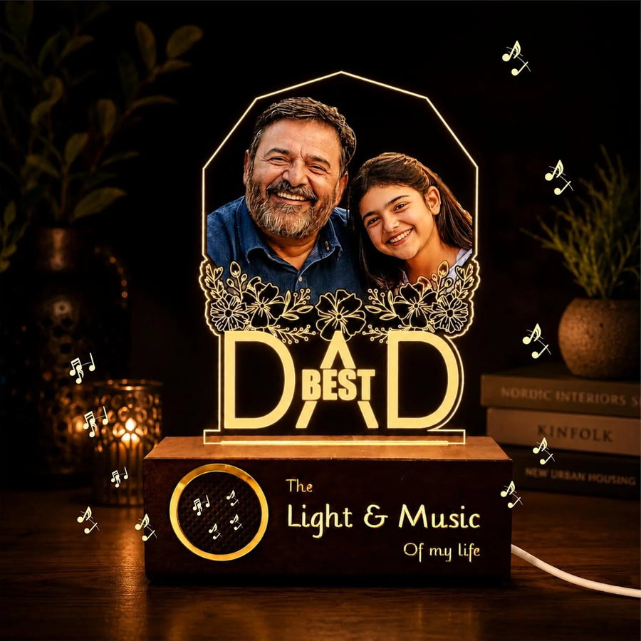 Best Father’s Day Gift – Custom Engraved Acrylic Lamp with Photo & "Best Dad" Quote | Warm Wooden Base