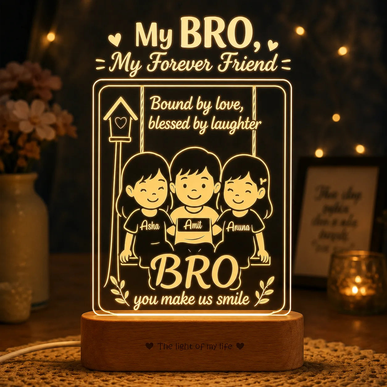 Our Brother – Personalized Rakhi Lamp for One Brother and Two Sisters | Custom Acrylic LED Gift with Names | Wooden Base | 8x6x2 inch