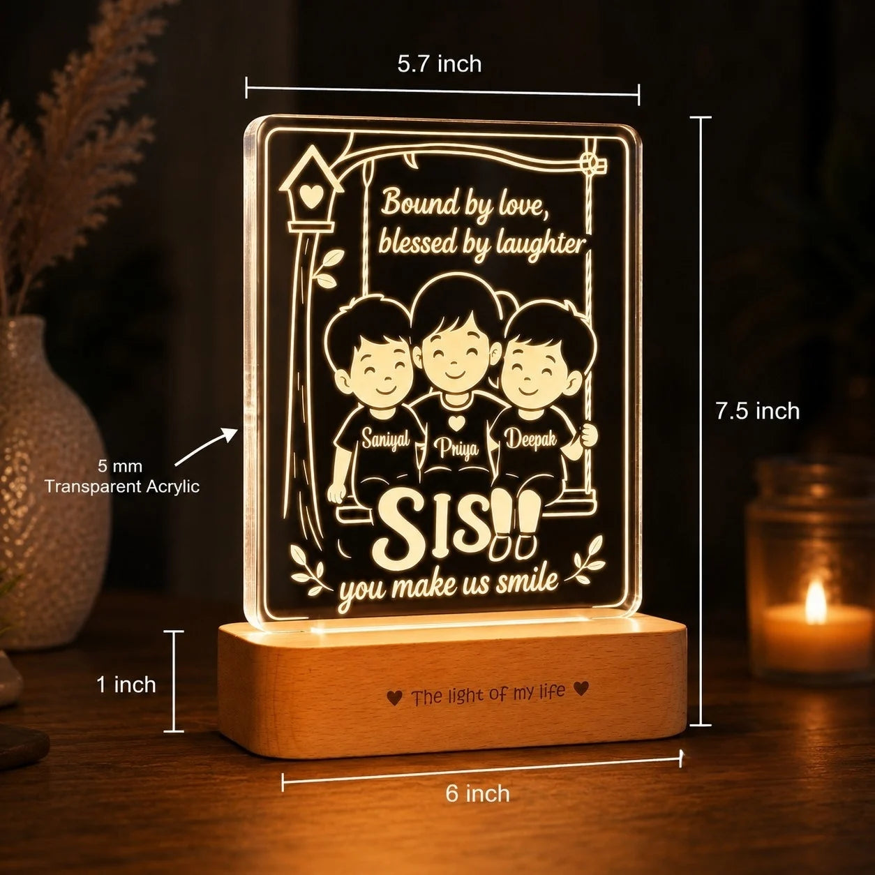 Our Sister – Personalized Rakhi Gift Lamp from Two Brothers | Custom Acrylic LED Lamp with Names | Wooden Base | 8x6x2 inch