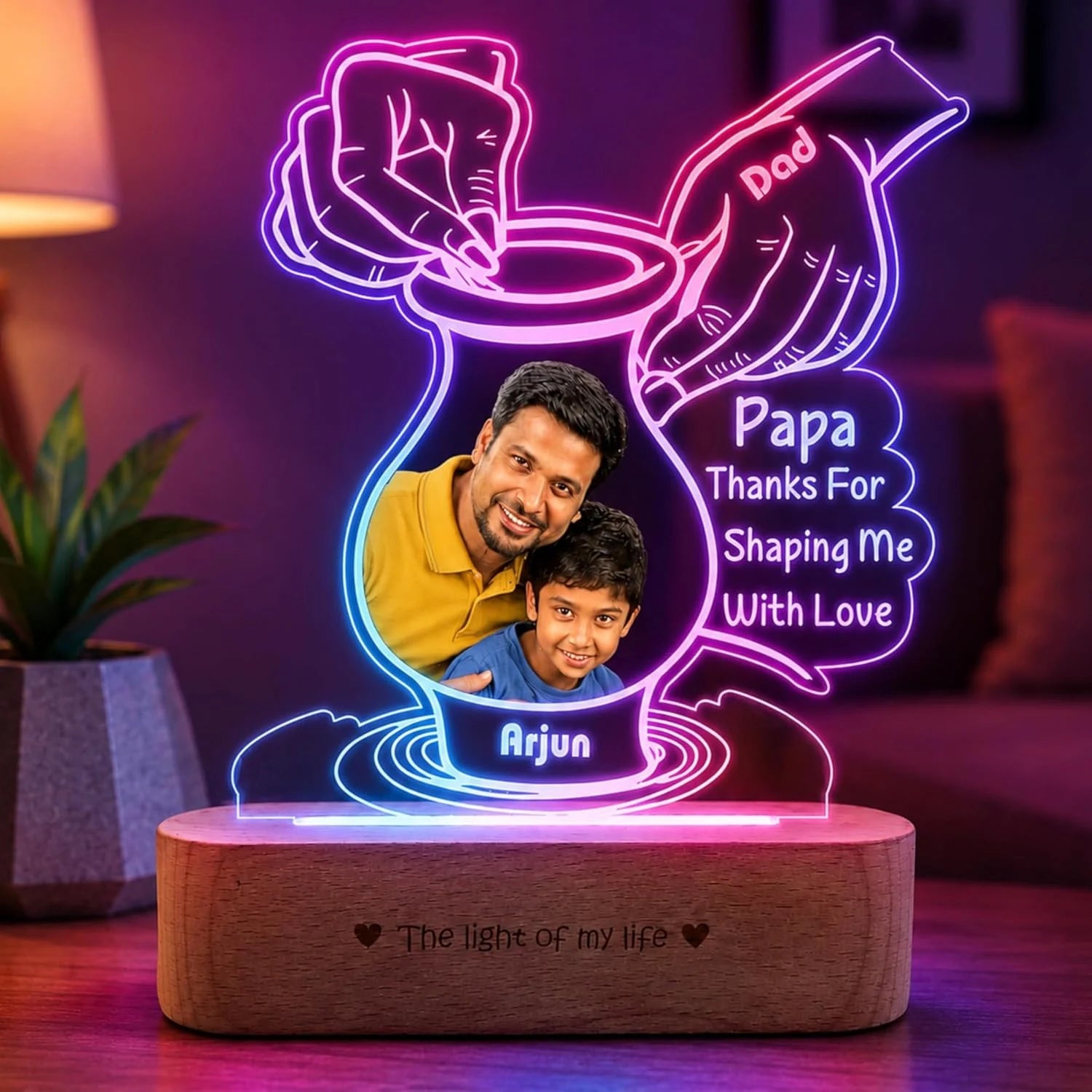 Creative Father’s Day Gift – Personalized Pottery-Themed Lamp with Dad & Kid Photo | Custom Name LED Light with Wooden Base