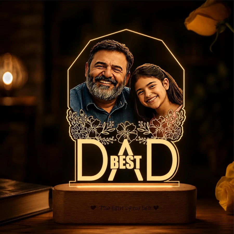Best Father’s Day Gift – Custom Engraved Acrylic Lamp with Photo & "Best Dad" Quote | Warm Wooden Base
