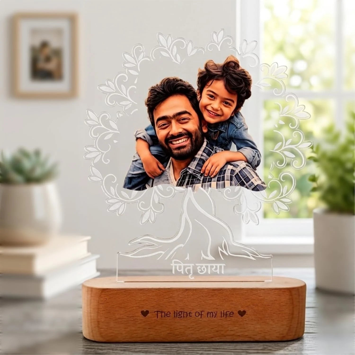 Pitruchaya Tree Lamp – A Sentimental Gift for Dad | Personalized Dad & Kid Photo Engraved Acrylic & Wood Lamp