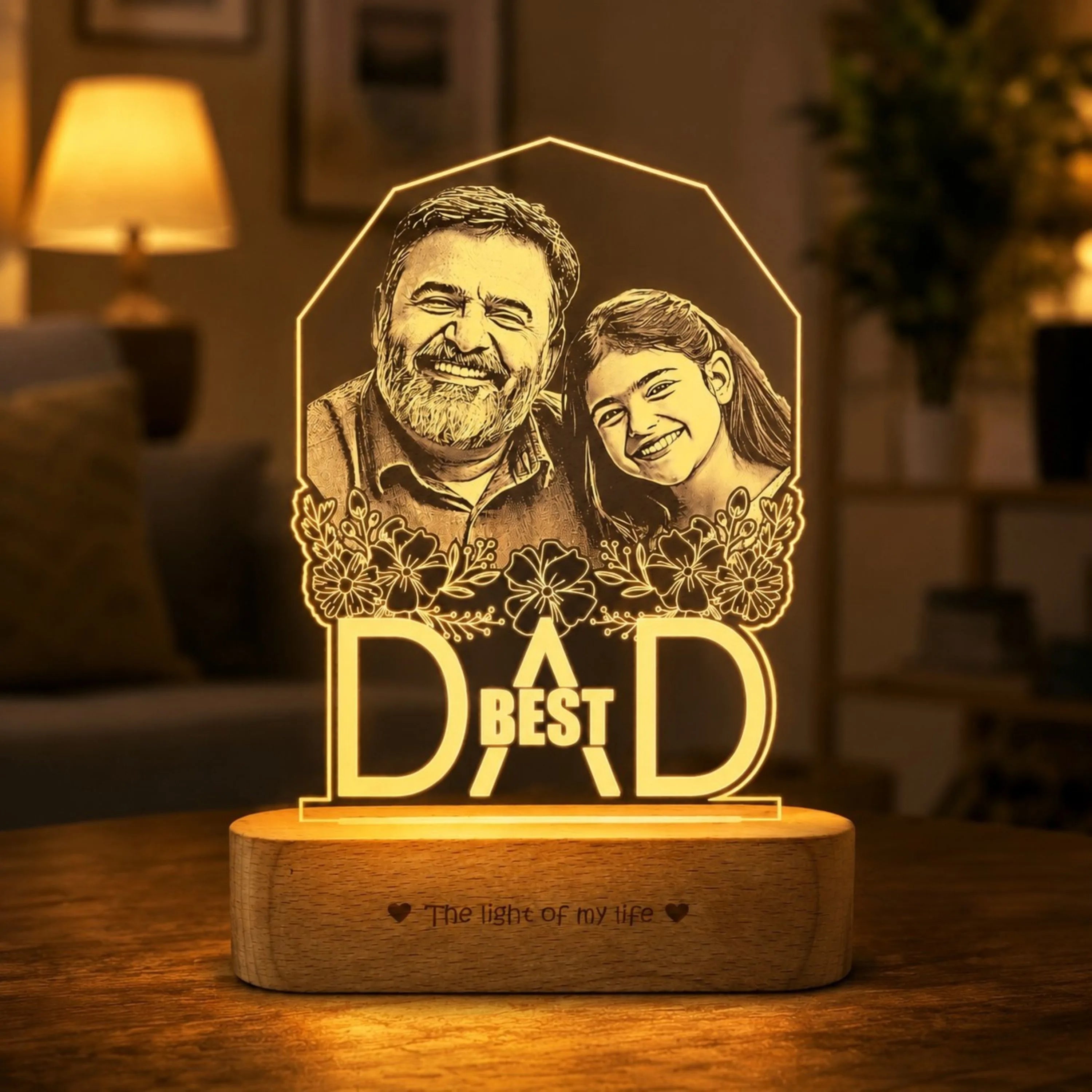 Best Father’s Day Gift – Custom Engraved Acrylic Lamp with Photo & "Best Dad" Quote | Warm Wooden Base