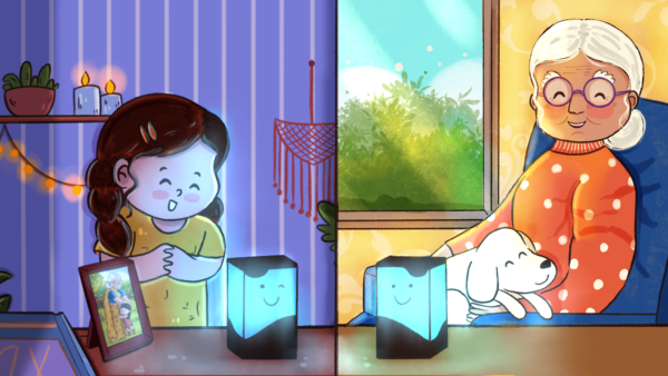 Grandma and kid connecting over the long distance lamp Telepathy
