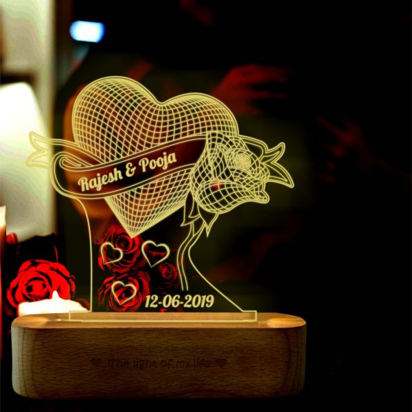 Anniversary Gift for Wife/Husband – LED Heart Lamp with Rose