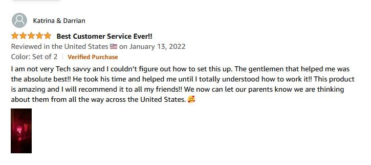 A screenshot of customer appreciating the service for Telepathy lamps on Amazon