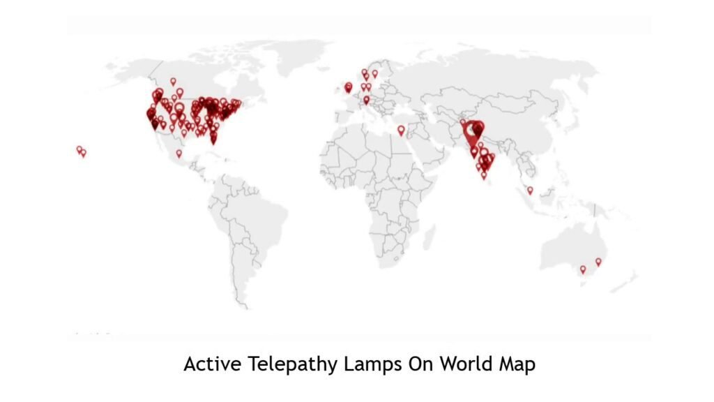 a world map showing active telepathy lamps country wise