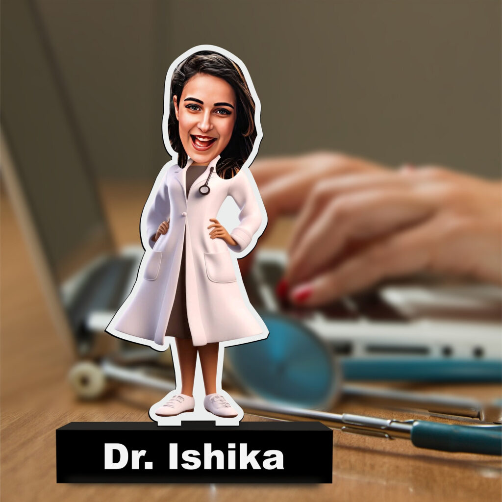 Doc's 3D Feel Tribute: Personalized Acrylic Caricature for Female Doctors