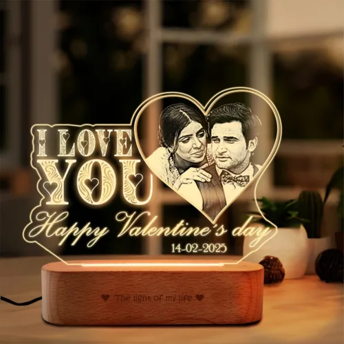 IllumiLove Personalized Acrylic LED Lamp – Custom Photo & Message Engraved Heart Design with Wooden Base, Perfect Valentine’s Day Gift