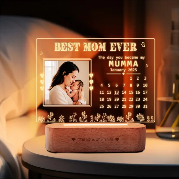 Personalized Gift for New Mom – Custom Engraved Acrylic Lamp with Baby’s Birthdate & Photo