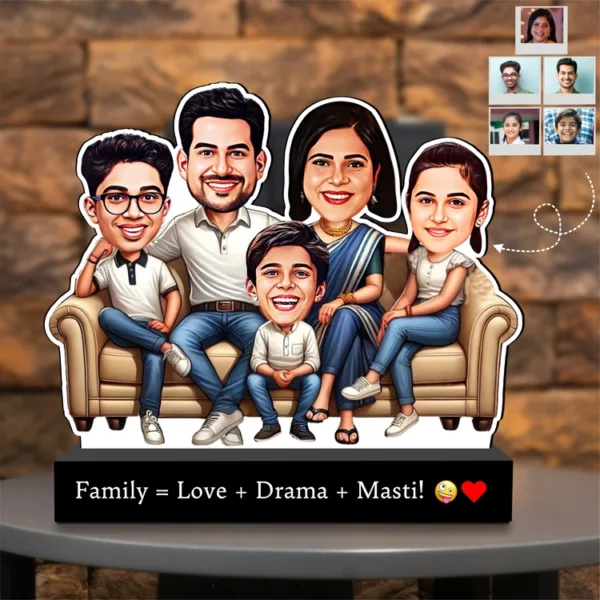 Personalized Family Caricature Standee – “Family = Love + Drama + Masti!” (Custom Faces) | Acrylic + MDF | 7x6x2 inch