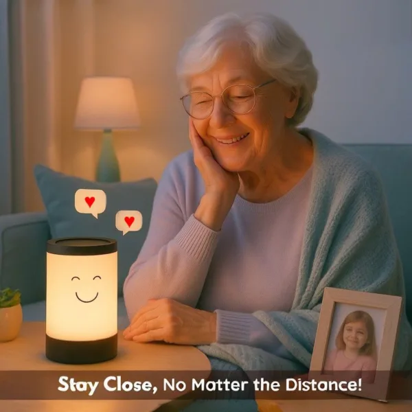grandma listening to voice message from the telepathy voicy lamp
