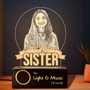 No.1 Sister – Photo Gift for Sister India | Personalized Engraved Acrylic Lamp with Wooden Base (9x6"")