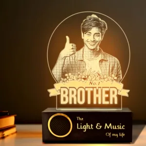 No.1 Brother – Photo Gift for Brother India | Custom Engraved Acrylic Lamp with Wooden Base (9x6")
