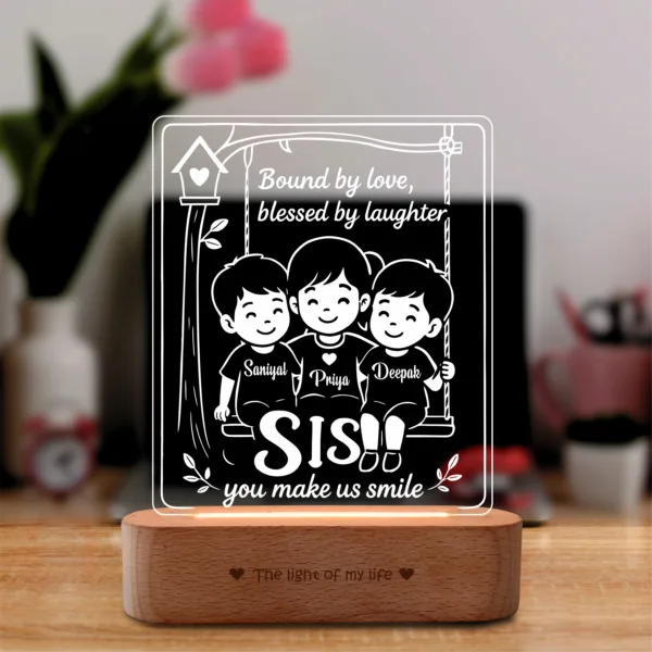 Our Sister – Personalized Rakhi Gift Lamp from Two Brothers | Custom Acrylic LED Lamp with Names | Wooden Base | 8x6x2 inch