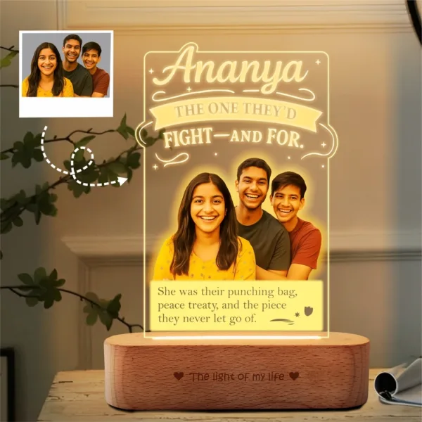 Punching Bag Princess - Personalized Rakhi Gift for Sister with Two Brothers | LED Acrylic Photo Lamp