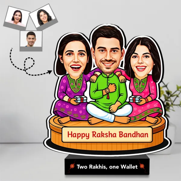 Two Rakhis, One Wallet – Rakhi Gift for Brother from Two Sisters India | Personalized Caricature Standee (7x6")